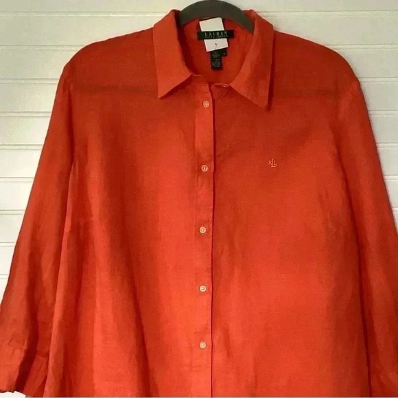 Lauren Ralph Lauren Orange 100% Linen 3/4 Sleeve Casual Button Up Shirt Size 1X - Picture 3 of 11